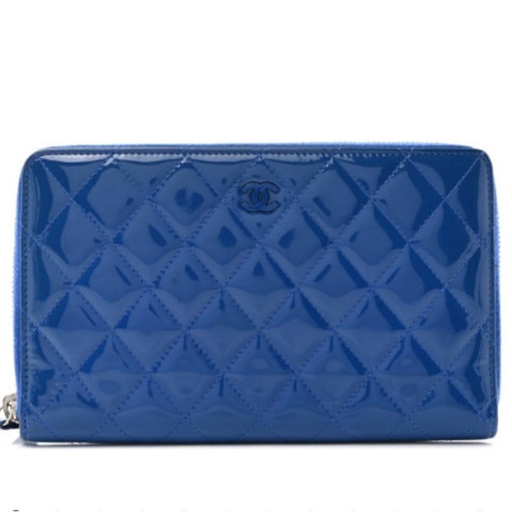 π ELECTRIC BLUE QUILTED LEATHER CHANEL ZIP AROUND ZIPPY LARGE ORGANIZER WALLET - Picture 1 of 12